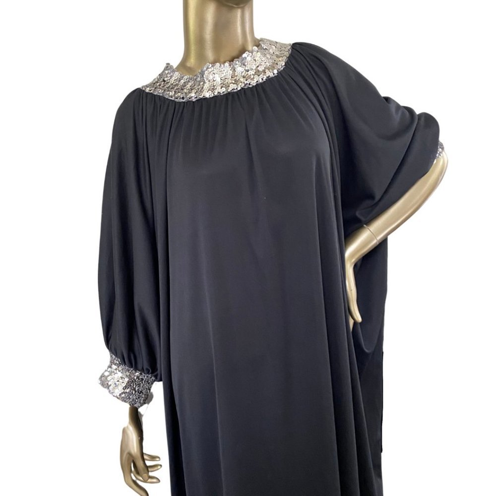 Vintage GLAM 70s Caftan Sequin Trimmed Maxi Dress 1970s Lounge Wear S-M-L - Picture 5 of 11